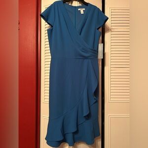 London Times Women V neck Wrap Ruffle blue mini Dress Office Event sz 12